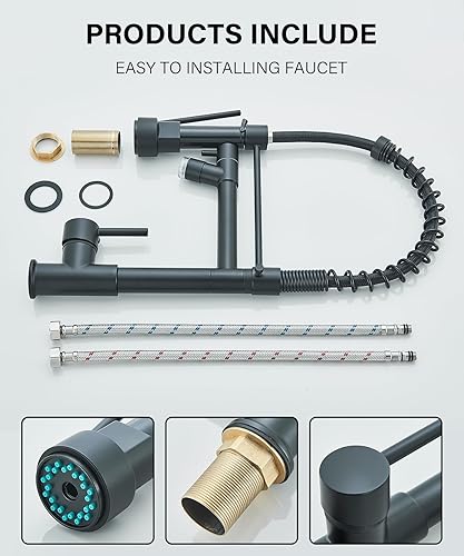 Miniatura 8 de NeierThodore Grifo de cocina con LED, grifo de fregadero de cocina de un solo orificio de acero inoxidable con rociador extraíble, grifos de cocina