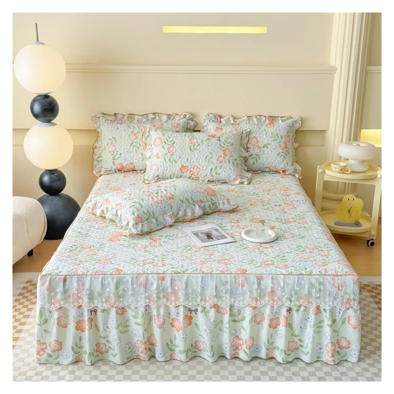 1pc Bed Skirt Thicken Ruffles Bedspread Floral Style Bed Cover Quilted Mattress Protector No Pillowcase(Color-01,180x220cm 1pc)