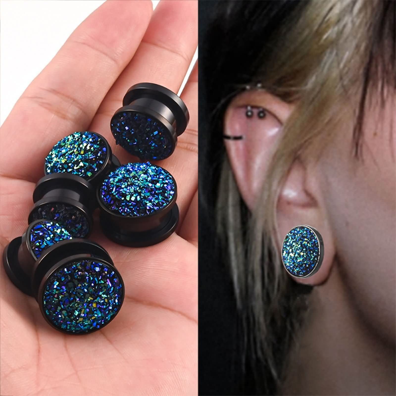 Daesar Plugs 6-16MM Edelstahl, Ohr Tunnel Set Schwarz mit Blau Harz Ohrringe Piercing Ohr Plug Tunnel für Damen