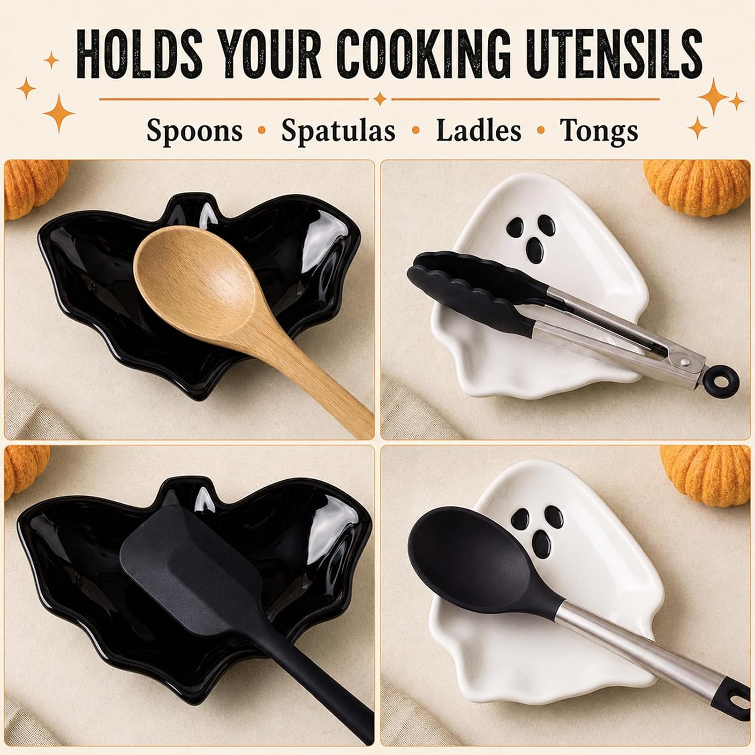 Rtteri 2 Pcs Ceramic Spoon Rest for Stove Top, Halloween Spoon Holder image 4
