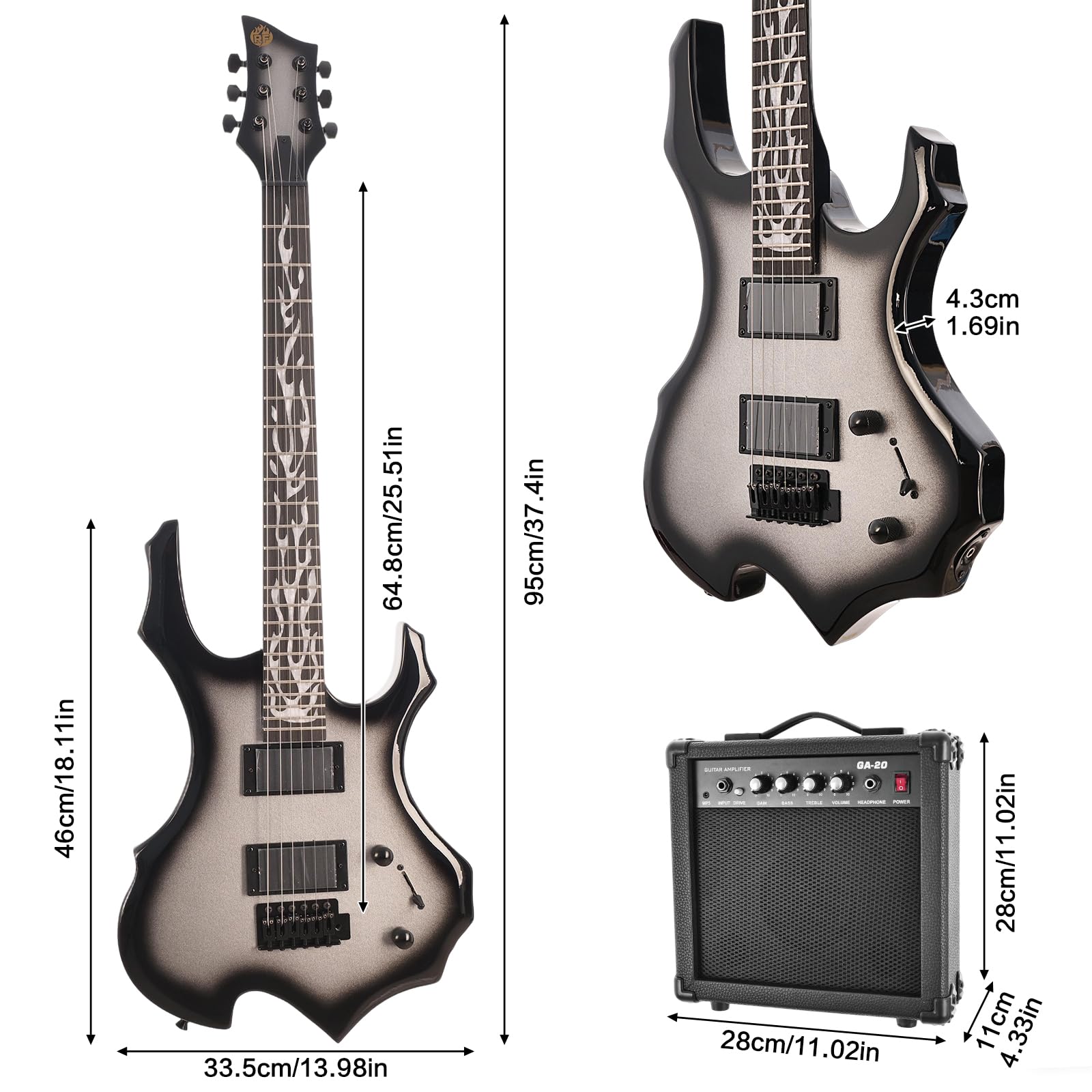 Chitarra elettrica Full Size Flame Design Set con borsa per chitarra, tracolla, amplificatore, braccio tremolo, cavo, plettro, perfetto per principianti e professionisti, chitarra a corpo