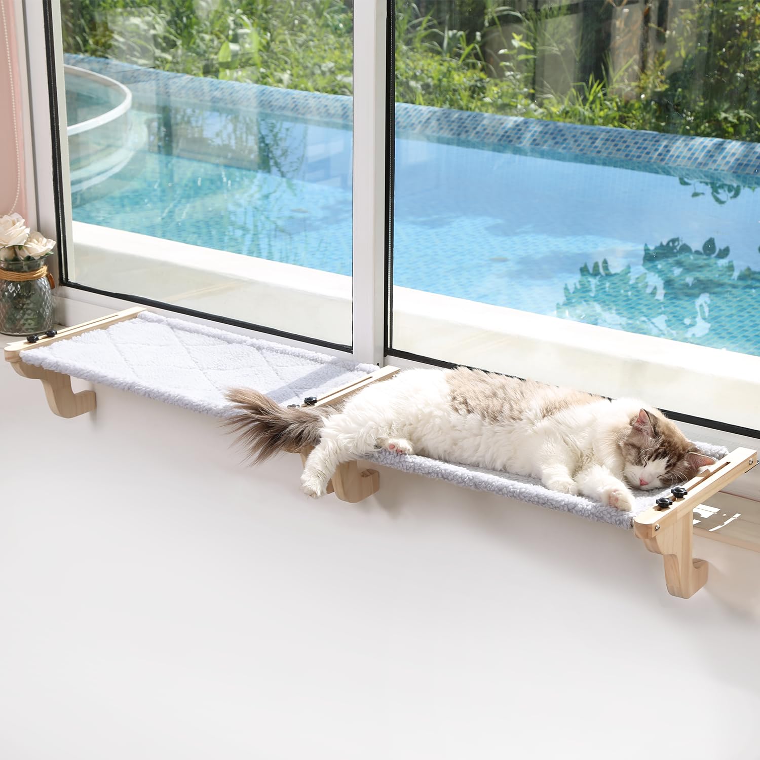 Zakkart 2 posatoi per gatti facili da sedere, per davanzale della finestra, design con legno di pino e robusta struttura in metallo, per gatti e gattini di grandi dimensioni (colore legno naturale con