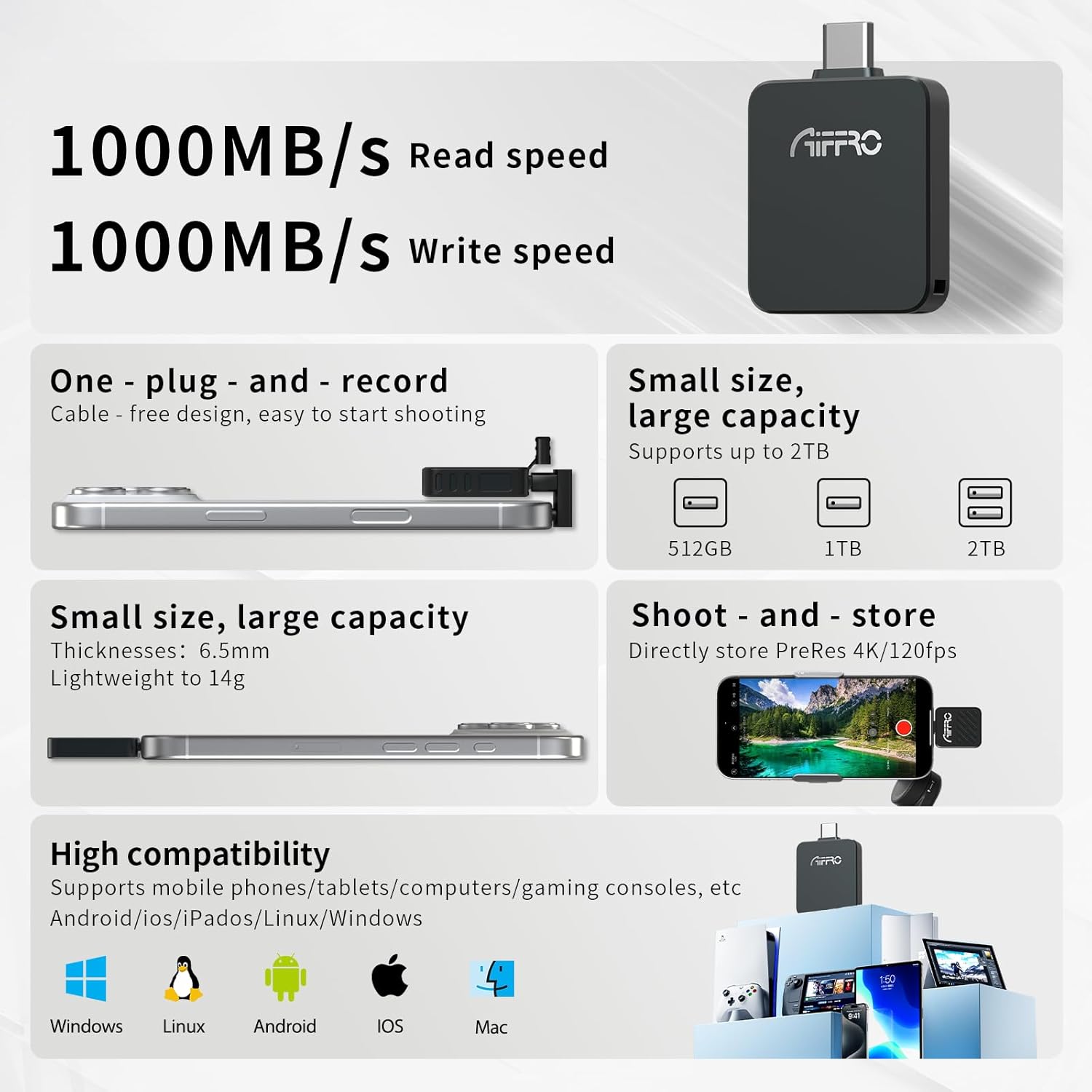 Aiffro P20 Mini Portable Solid State Drive for Lightning & Type-C, Supports ProRes, Up to 1000MB/S, for iPhone, iPad, Mac and PC, Compact and Durable Storage Solution.