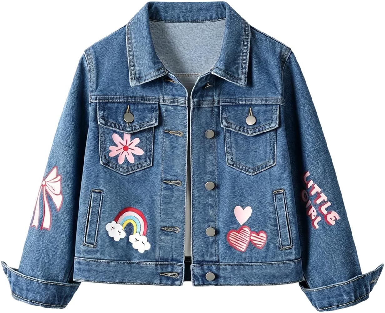 Verdusa Girl's Jean Jacket Cute Embroidery Button Long Sleeve Denim Jackets