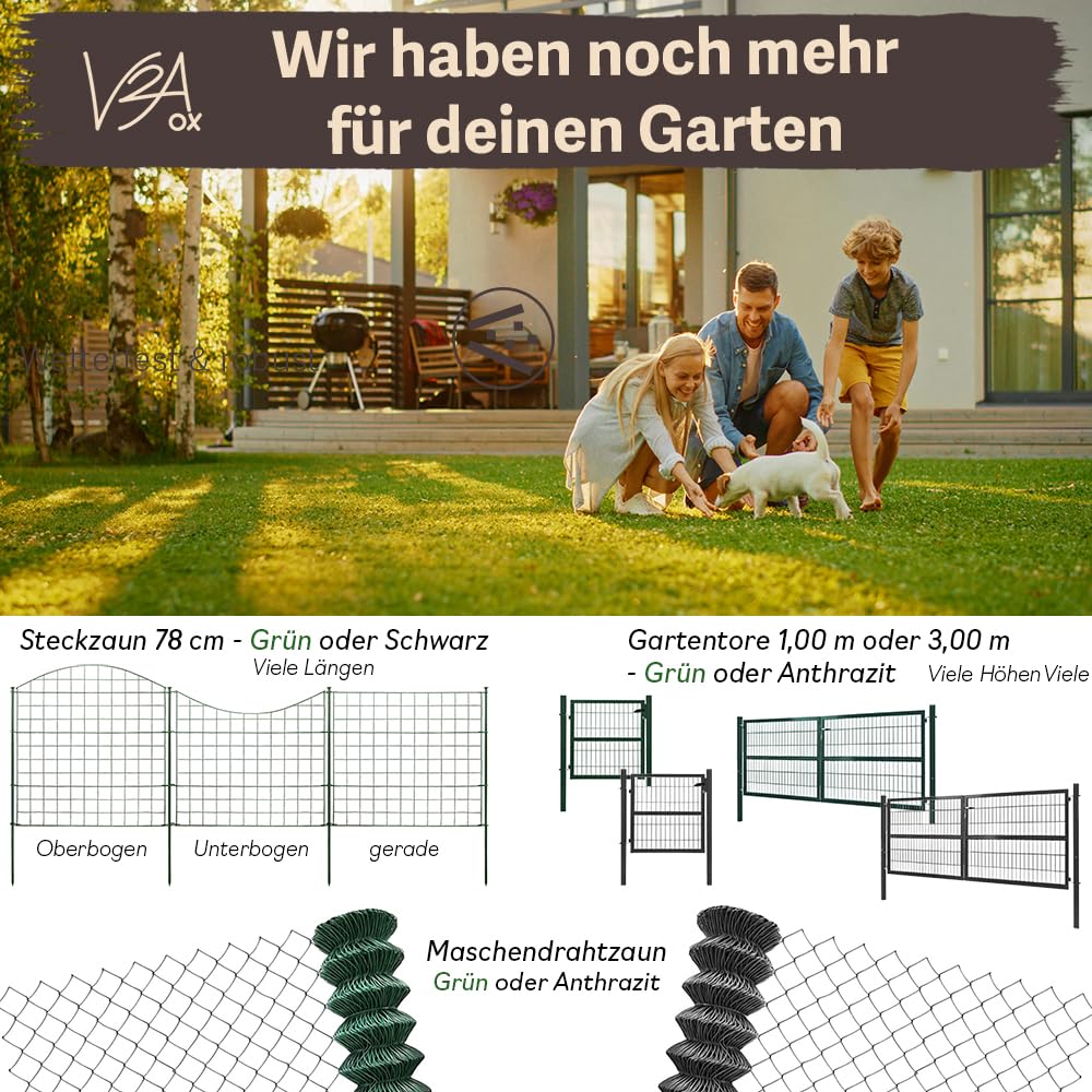 Zaun Gartenzaun Steckzaun Hundezaun Teichzaun für Garten Teich 10 Zaunelemente 43 cm hoch Metall Gitterzaun Oberbogen V2Aox, Schwarz