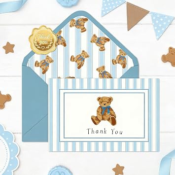 JarThenaAMCS 24 Pcs Bear Thank You Cards with Envelope Sticker, Blue Stripe | Greeting Blank Note Cards, Cute Bear, for Birthday Baby Shower Party Supplies, 4 x 6 Inch