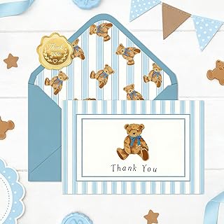 JarThenaAMCS 24 Pack Bear Thank You Cards Blue Stripe Bear Greeting Cards with Envelopes Stickers Cute Blank Note Card for Birthday Baby Shower Party Supplies, 4 x 6 Inch