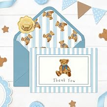 JarThenaAMCS 24 Pack Bear Thank You Cards Blue Stripe Bear Greeting Cards with Envelopes Stickers Cute Blank Note Card for Birthday Baby Shower Party Supplies, 4 x 6 Inch
