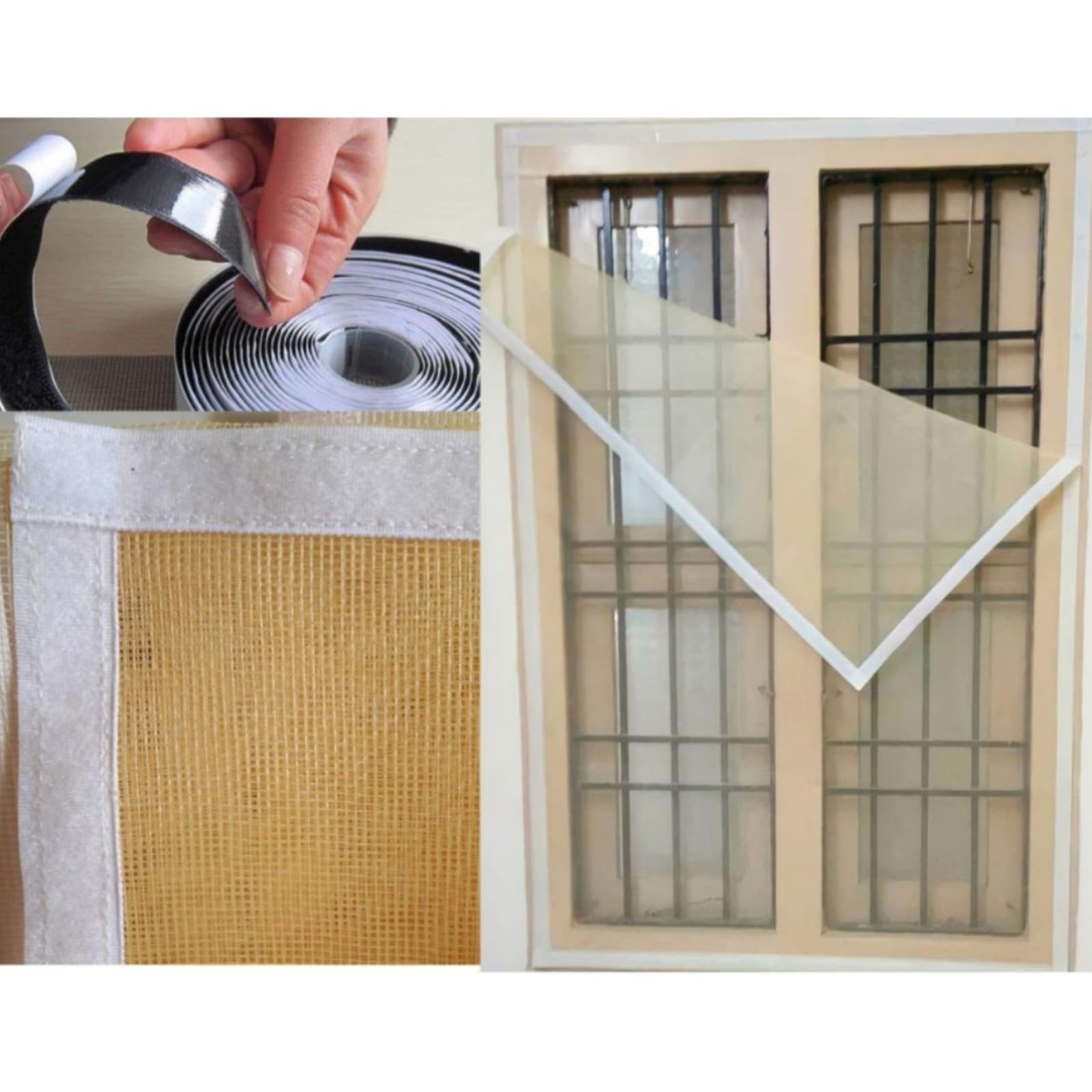 ARKA Fiberglass Pre-Stitched Mosquito Net for Windows | Airson Fiber Mesh with Adhesive Hook Tape ISHI, Width 2.5 cm (Color-Ivory, 150×150 cm)