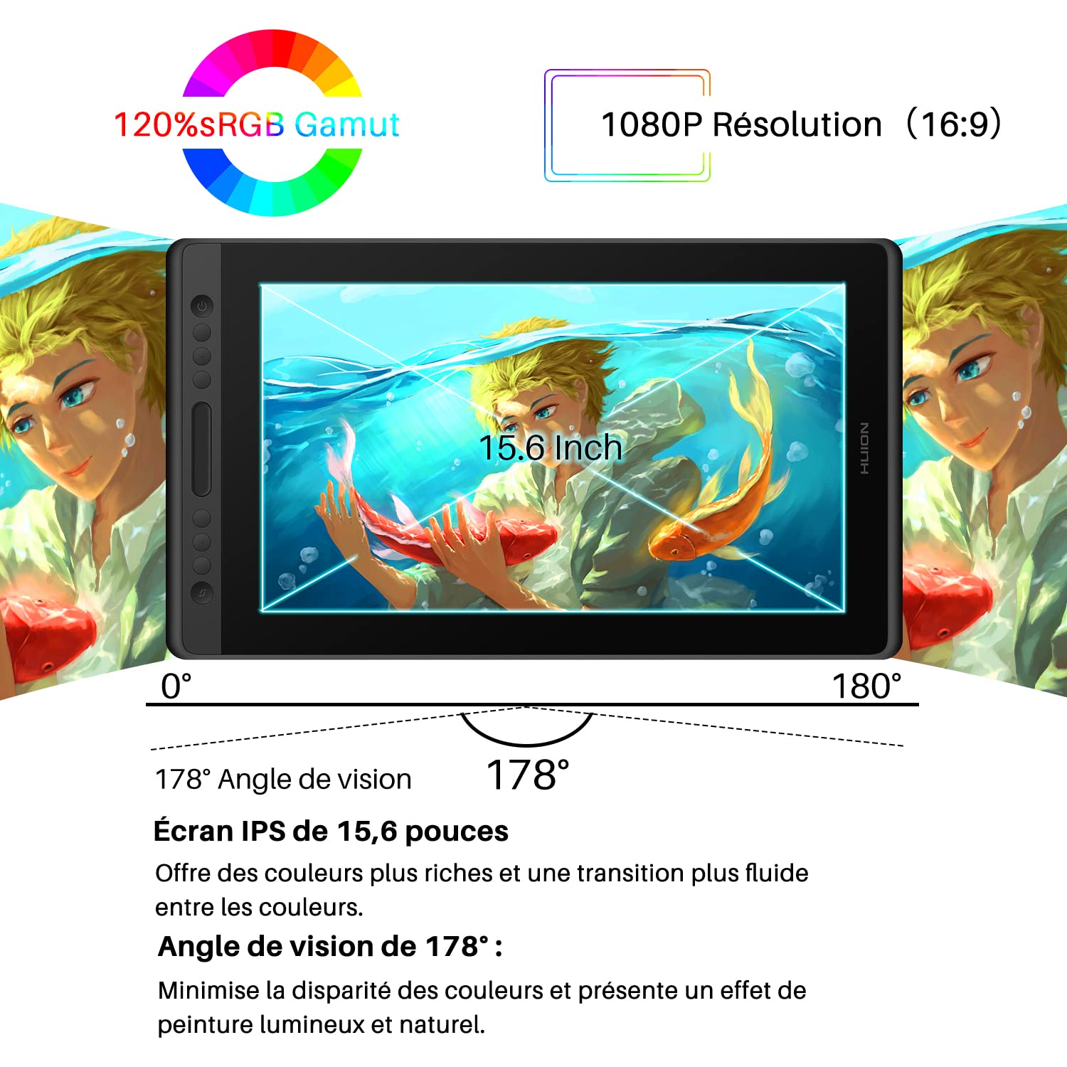 HUION Kamvas Pro 16 Tablette Graphique avec Ecran 15.6 Pouces avec 6 Raccourcis et 1 Barre Tactile Idéal pour Le Télétravail et la Formation en Ligne, Compatible avec Chromebook, Windows & Mac