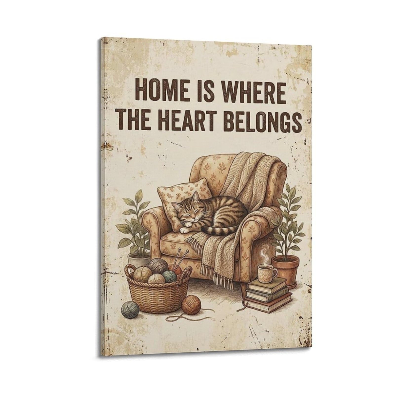 OKAHYS Heart Belongs Country Vintage Poster Cat Pet Nautical Modern Decorative Canvas Prints - Ideal Wall Art for Family, Man Cave, Game Room, Boys & Girls Bedroom 24x36inch