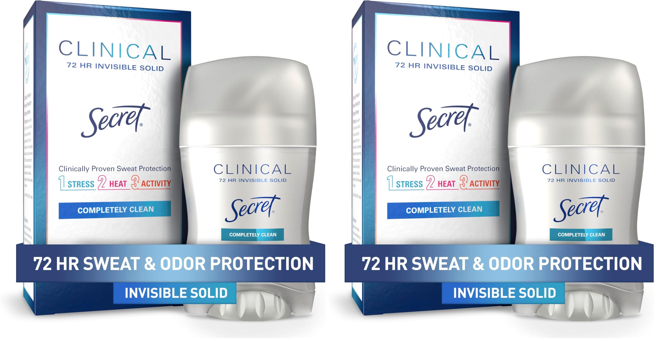 Secret Clinical Strength Antiperspirant and Deodorant for Women Invisible Solid, Completely Clean Scent, 72-hr Sweat Protection, 1.6 oz (Pack of 2)