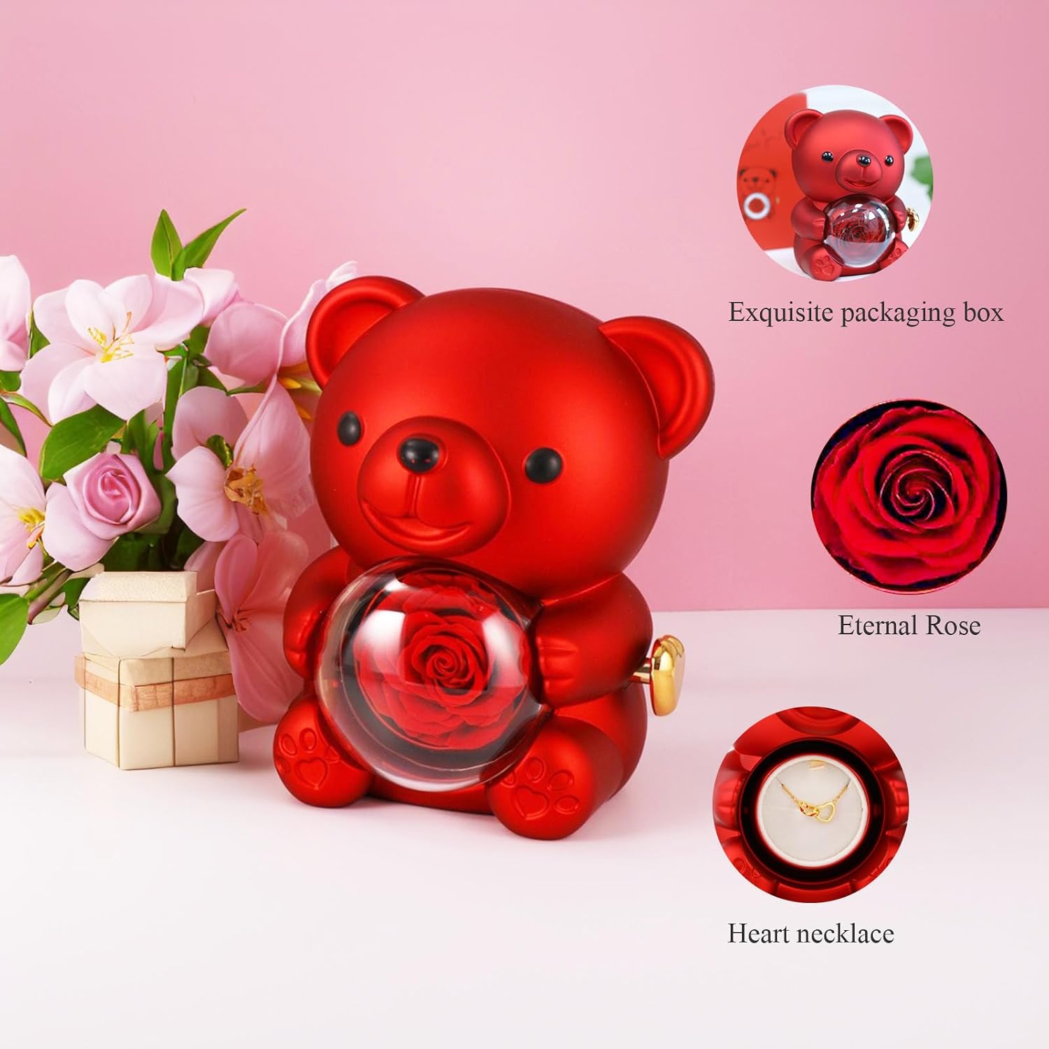 Drawelry Personalized Projection Photo Necklace with Real Rose Jewelry Box, Preserved Eternal Roses Hug Bear Gifts Set, Heart Necklace Box Christmas Birthday Gifts for Woman (Heart Tree)