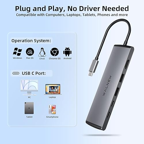 Miniatura 7 de Hub USB C, WALNEW 7 en 1 USB C estación de acoplamiento con HDMI 4K, 100 W PD, 3 puertos de datos de 5 Gbps (1 USB-C y 2 USB 3.0), lector de
