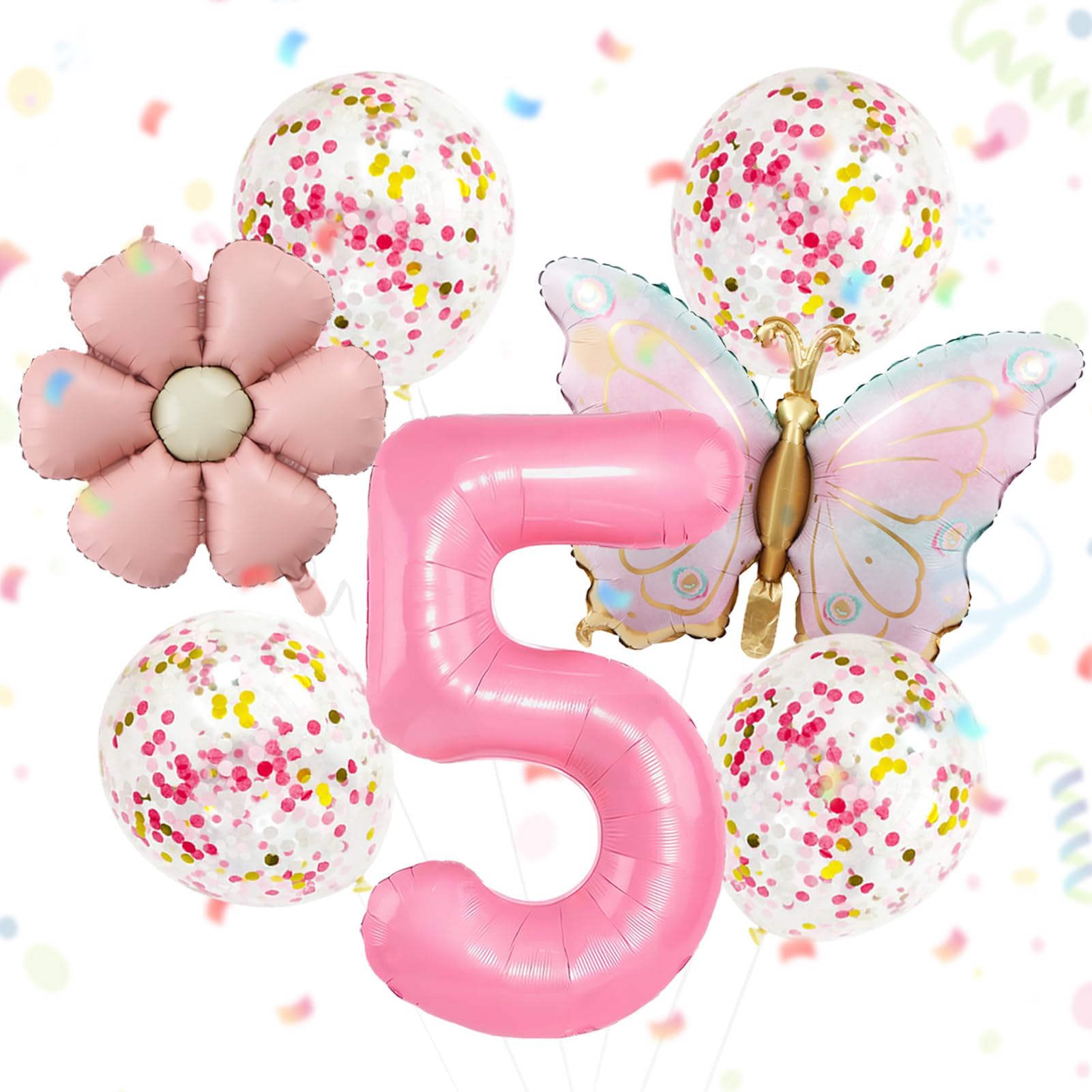 7 Stück Geburtstagsdeko 5 Jahr Mädchen, 5 Jahre Schmetterling Geburtstag Deko, Gänseblümchen Deko 5 Geburtstag, Helium Ballon Blume, Feen deko Kindergeburtstag