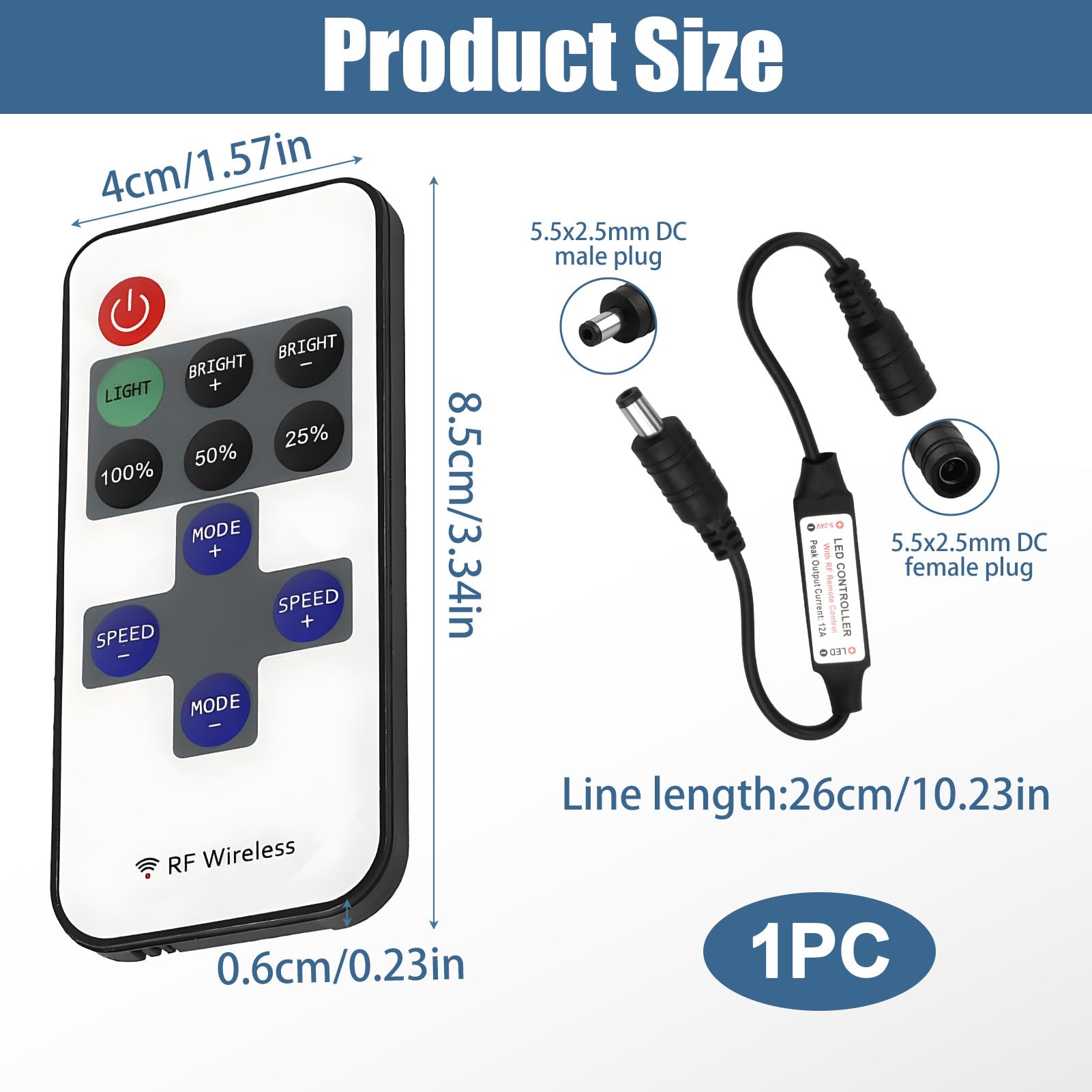 RF Wireless Remote Control With 11-Key Controller for Single Color 3528 5050 LED Strip Lights, DC Connector - Image 2
