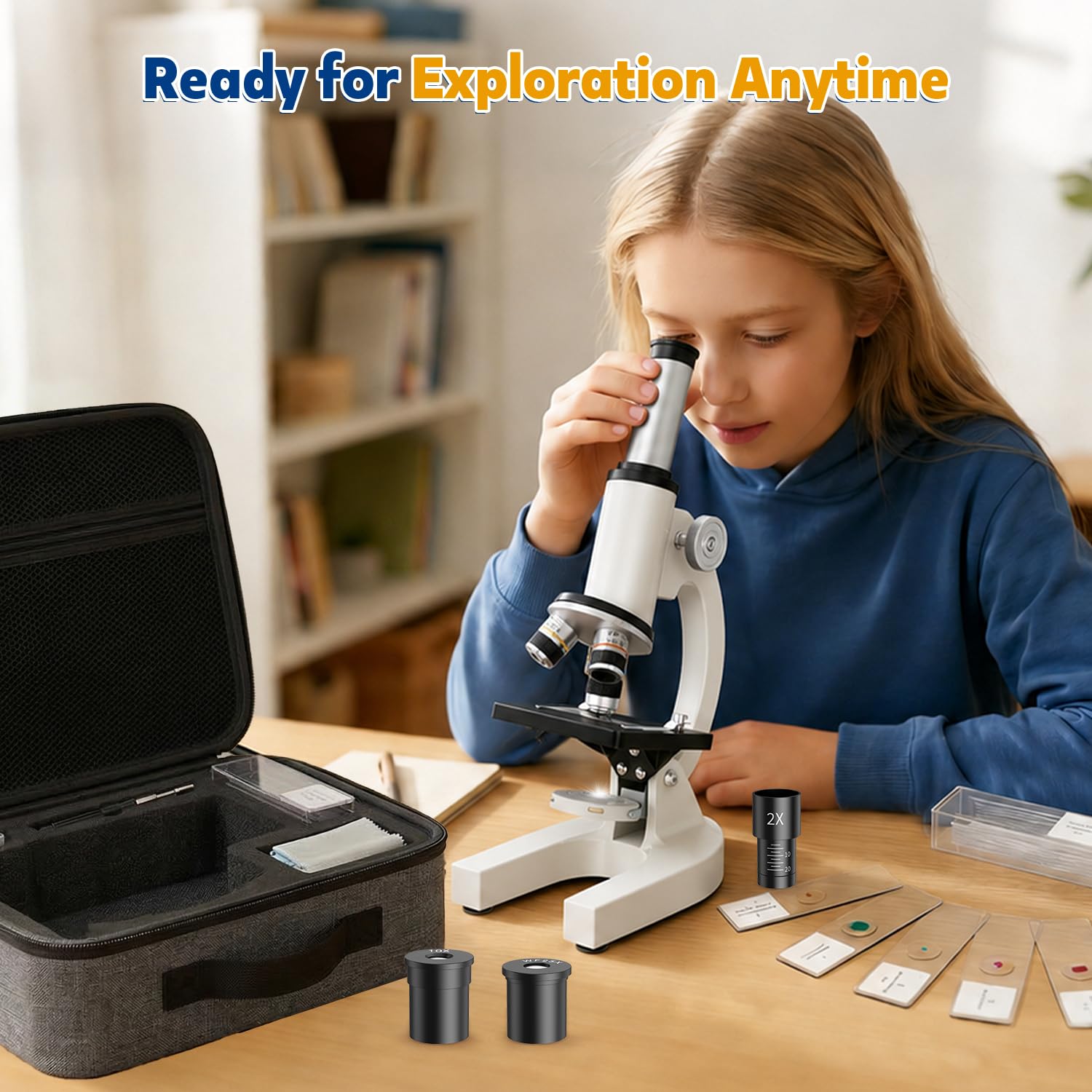 Microscopio compuesto 40X-2000X para niños y adultos: microscopio biológico con diapositivas y estuche de almacenamiento, kit educativo de ciencia de laboratorio escolar para estudiantes principiantes