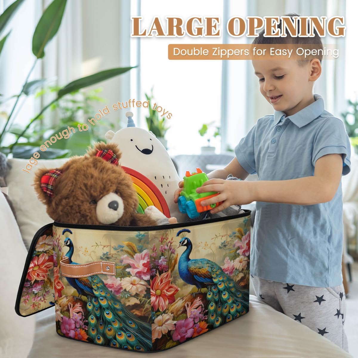 Storage Bin Set of 2 Flower Peacock Storage Basket with Zipper Lid & Handle Foldable Closet Shelf 2 Pack Cloth Organizer Basket Cube Bins Clothes Organizer for Bedroom, Nursery