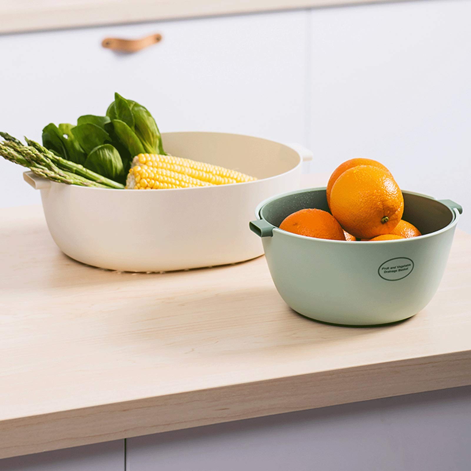Cesta de colador Cesta de drenaje de plástico con manejo de la canasta de arroz doméstica desmontable de colador/filtro de doble capa 2 en 1 for lavar frutas y verduras Cesta de colador de cocina