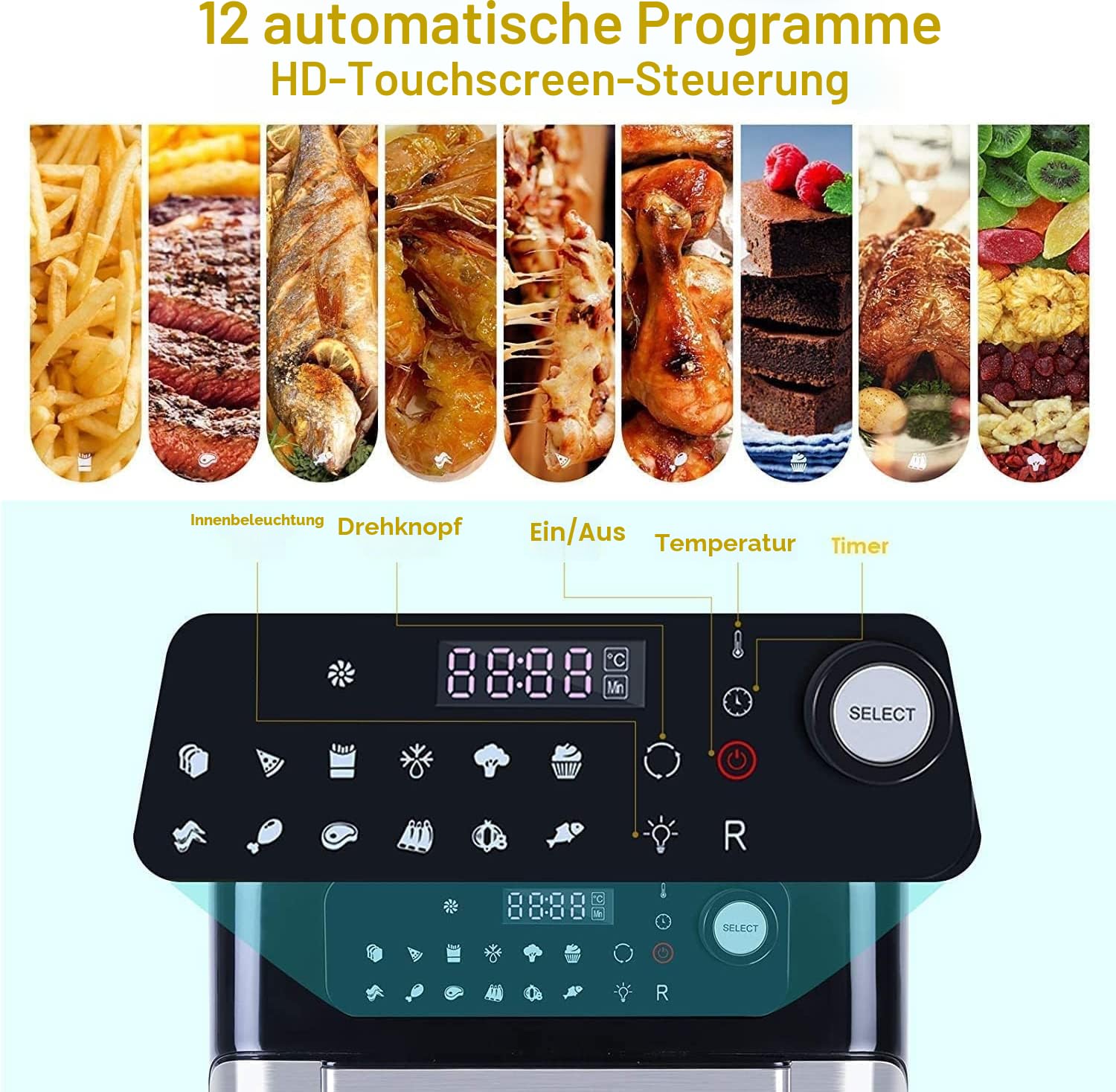 Heißluftfritteuse,10L Air fryer Fritteuse,Uten XXL Heißluft-ofen,12 in 1 Heissluftfritteuse mit digitalen LED-Display, 6 Zubehör & Rezeptbuch, Edelstahl,1500W