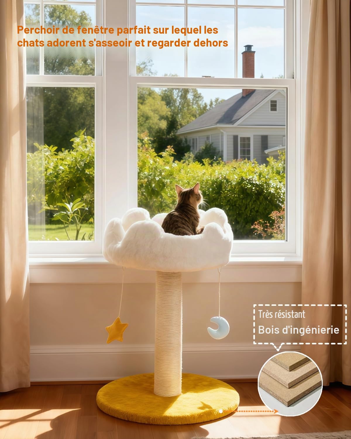 Happi N Pets Arbre à Chat Nuage avec Lit d'Intérieur, Griffoir en Sisal Naturel, Perchoir Doux et Confortable pour Chatons et Chats Adultes, Petite Tour avec Jouets