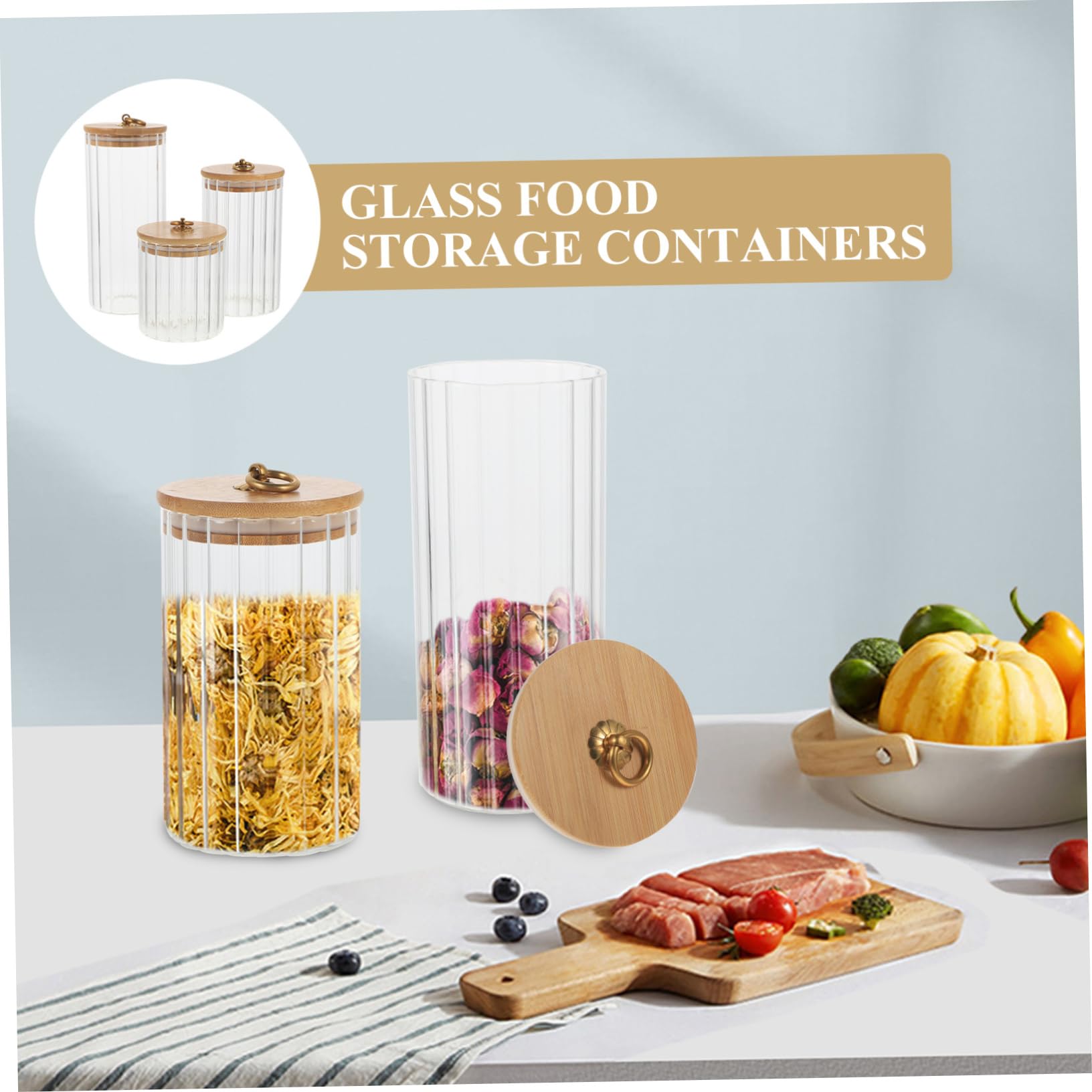IMIKEYA Set 3 Pezzi Capacità 550ml 850ml 1150ml Barattoli da Cucina con Coperchio in Bambù Pratici e Sigillati Contenitori con Coperchio per Alimenti in Vetro Ermetici per Conservazione