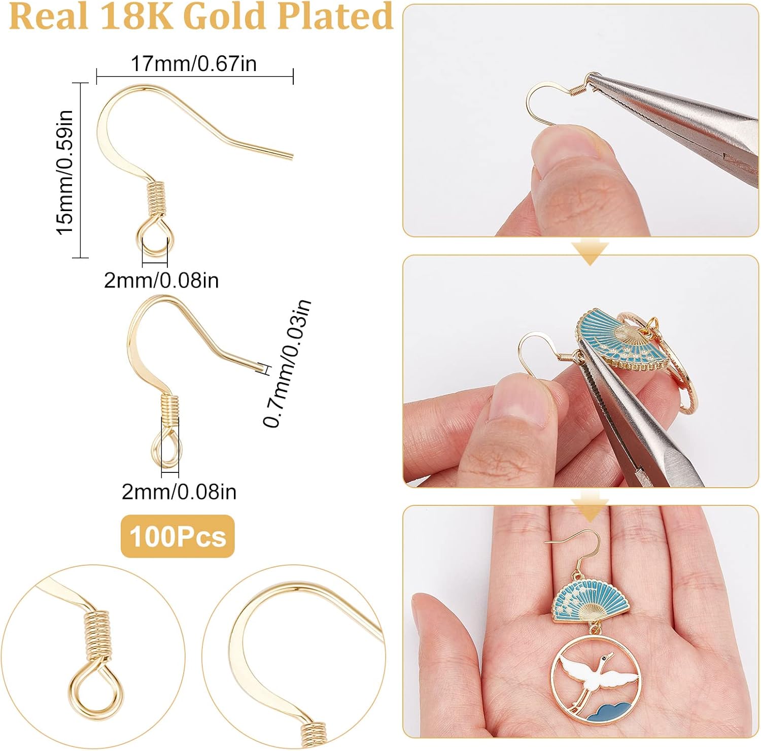 SUNNYCLUE 1 Box 100Pcs 18k Gold Plated Earring Hooks French Ear Hooks Fish Hook Earrings Ear Wires Fishhook Earring Findings for Jewellery Making Adult DIY Dangle Earrings Craft Accessories Supply - Image 2