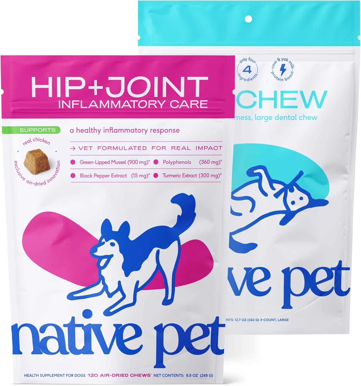 Native Pet Anxiety & Joint Relief Bundle: Relief Chews for Dogs (120 Air-Dried Chews) Yak Chews for Dogs (3 Large Chews) - Anti-Inflammatory for Strong Joints & Natural Anxiety Relief with Melatonin