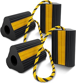 ROBLOCK Wheel Chocks (2pair/4pack with Rope) for RV Trailer Camper Truck Car Aircraft, Versatile Heavy Duty Rubber Wheel Chocks Block with 3 Reflective Strips, Tire Wheel Immobilizers & Chocks