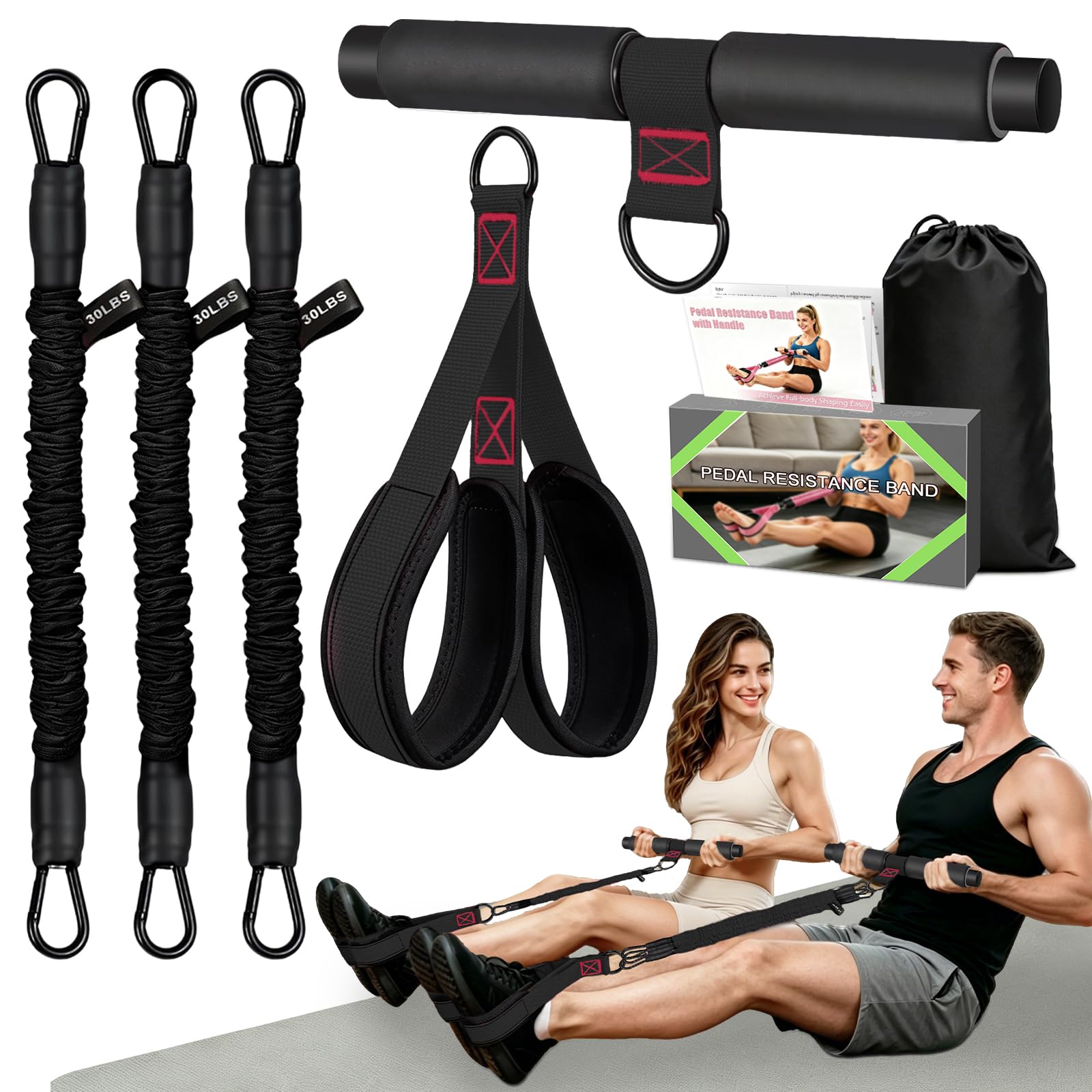 Pedal Resistance Band with Handle, 3-Tube Exercise Band for Women