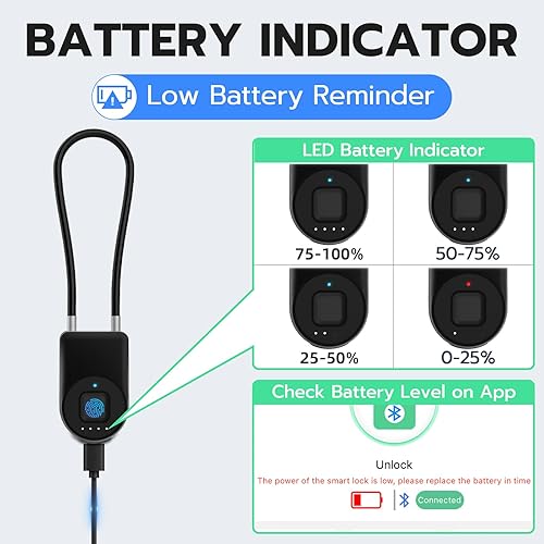 Miniatura 7 de eLinkSmart Cerradura de cable de huellas dactilares, grillete de 3.6 pulgadas de largo, pequeño sin llave, biométrico, impermeable, Bluetooth,