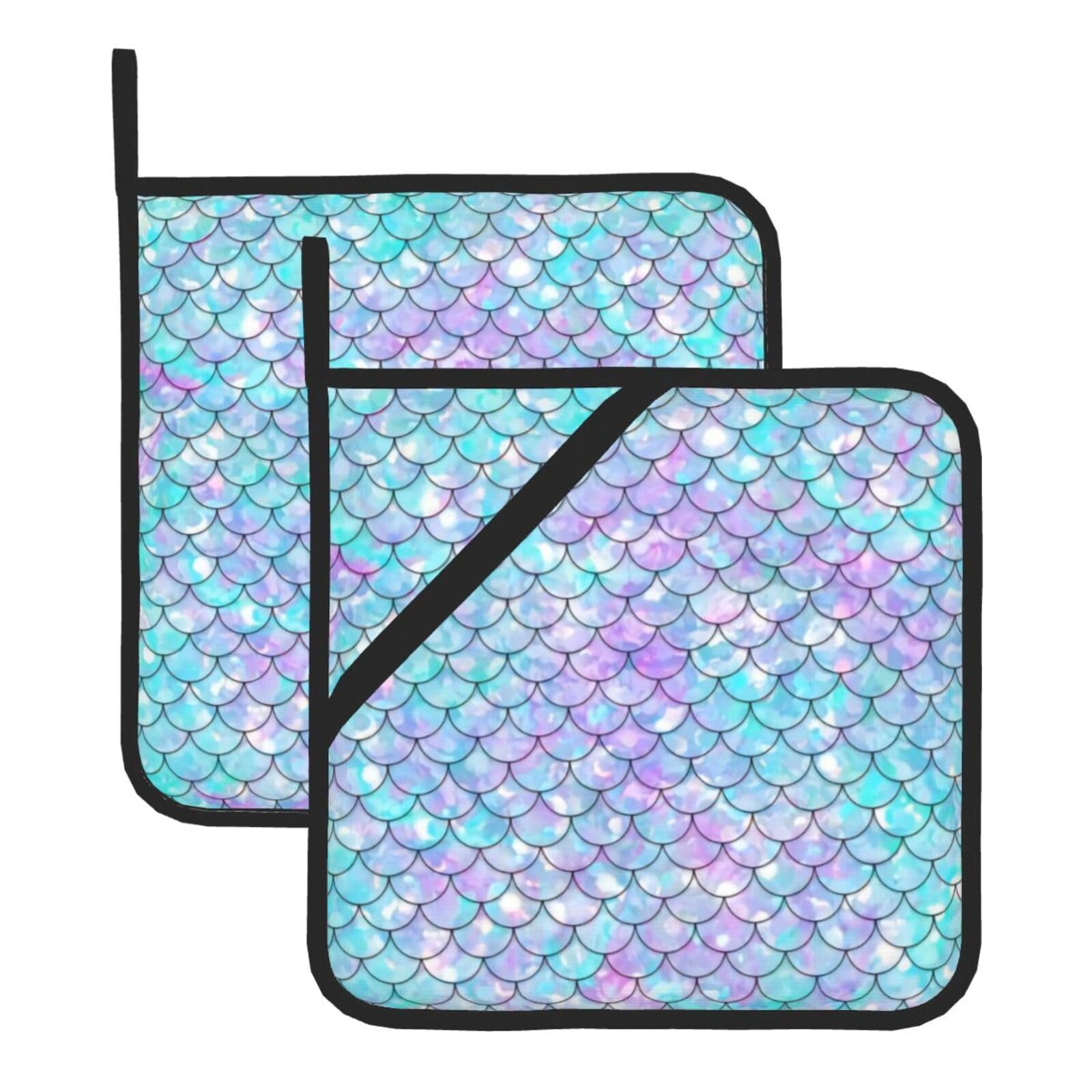 WHJSHOP Mermaid Prints Square Hot Pads for Kitchen - Waterproof Pot Covers with Hanging Loops - Thick Heat Resistant Trivets for Serving & BBQ, 2-Piece Set