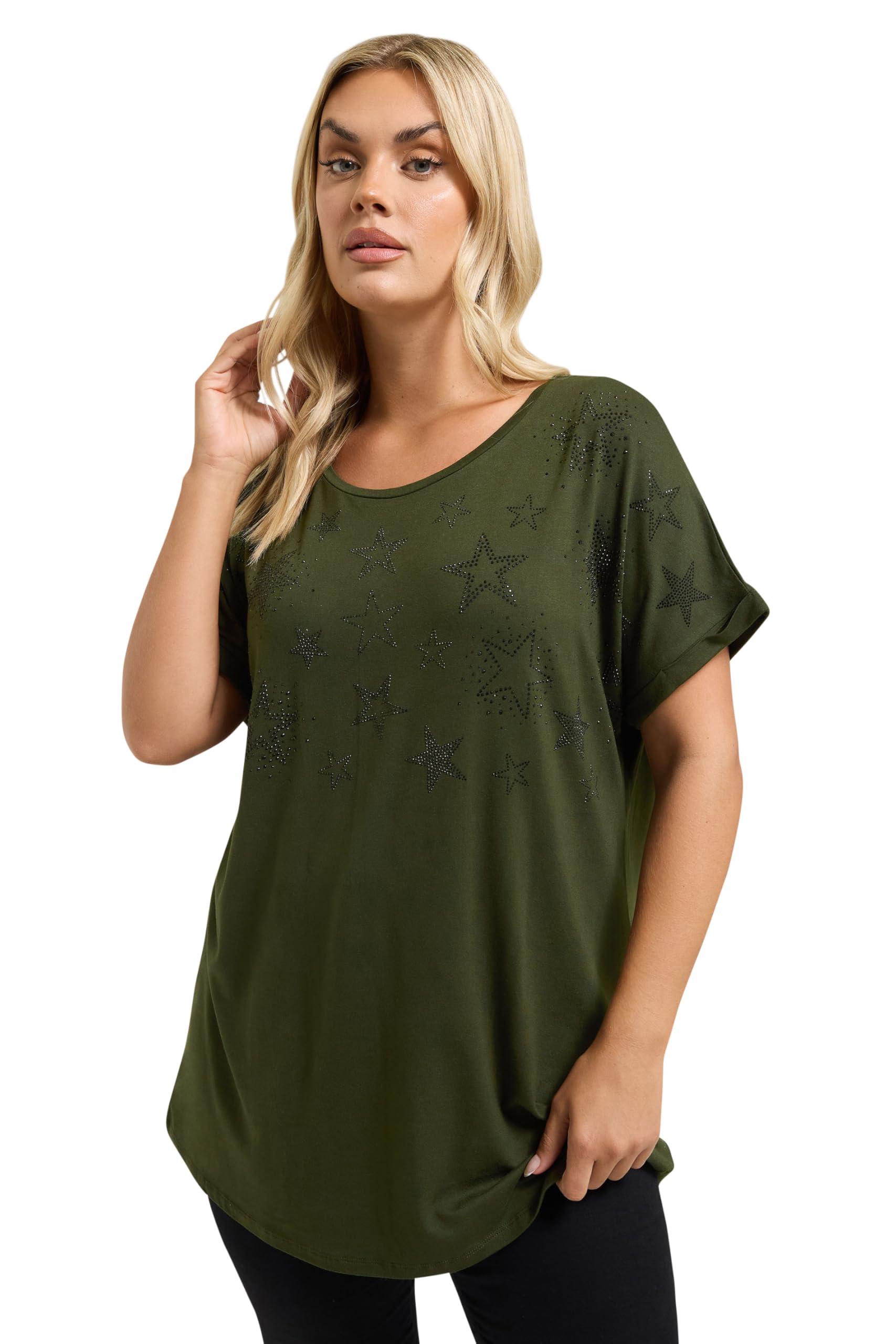 Yours Women's Khaki Curve Green Star Print Grown-On Sleeve T-Shirt - Plus Size Curve