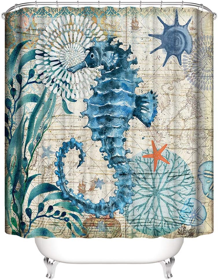 Ocean Seahorse Shower Curtain with Hooks Waterproof Polyester Bathroom Curtain or Liner for Shower Stall, Bathtubs