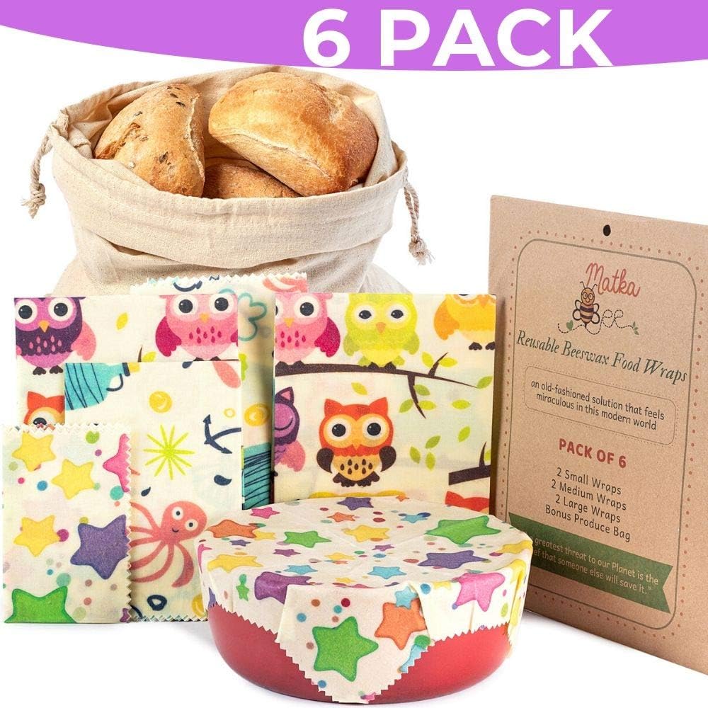 Reusable Beeswax Food Storage Wrap - Set of 6 - Sustainable, Non Plastic Alternative to Saran Wrap - Waxed Cotton Cloth for Sandwich Wrapping - 2L, 2M, 2S Wax Wraps