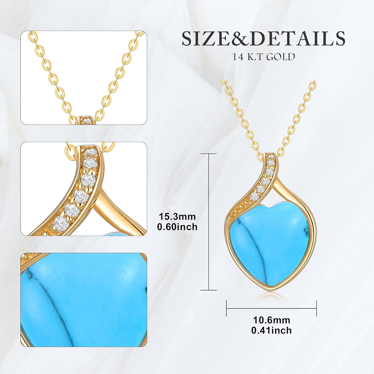 YDD 14k Solid Gold Turquoise Necklace for Women Heart Shape turquoise with Genuine Diamond Pendant Necklace Heart Necklace turquoise Jewelry Diamond Jewelry Gifts 16"-18"