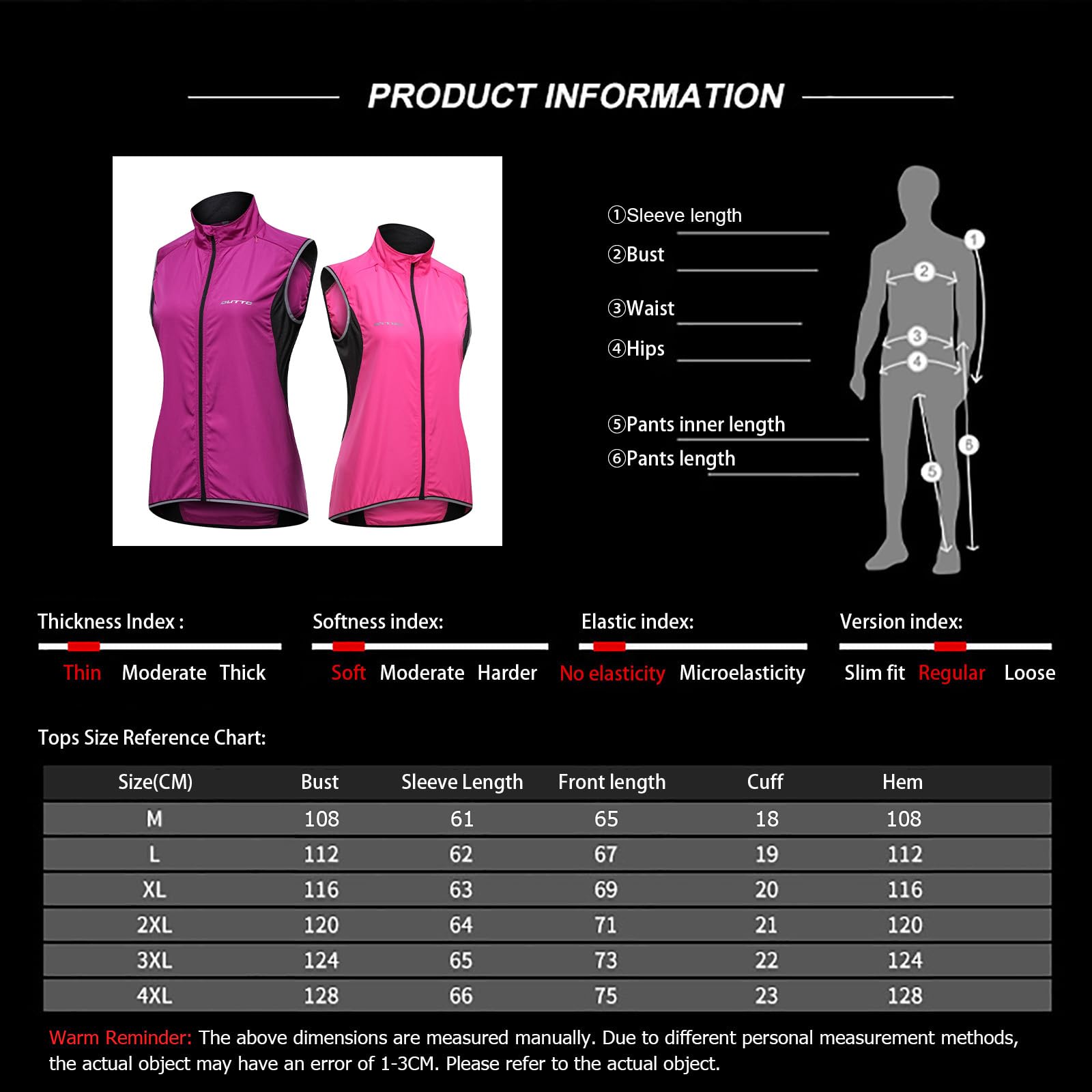 HARLSO Damen Fahrradweste, leicht, atmungsaktiv, reflektierend, ärmellos, winddicht, sonnendicht, für Laufen, MTB, Wandern, Fitnessstudio, Reiten,Pink-XXL