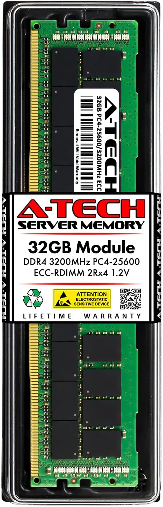 A-Tech 32GB DDR4 3200MHz PC4-25600 ECC RDIMM 2Rx4 1.2V Dual Rank ECC Registered DIMM 288-Pin Server & Workstation RAM Memory Upgrade Module (A-Tech Enterprise Series)