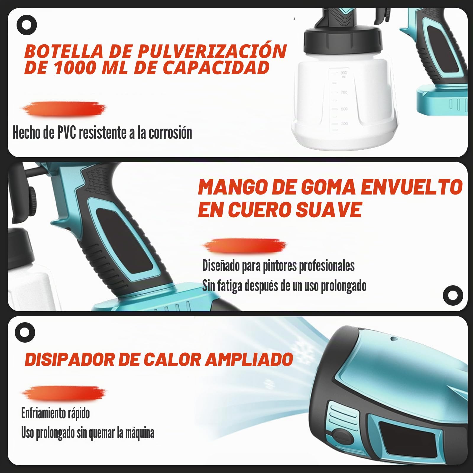 Pistola de pintura inalámbrica con 2 baterías de 3000 mAh y cargador, contenedor de 1000 ml, 3 boquillas (1,0/1,8/2,5 mm), boquilla y aguja de cobre, recipiente de PVC duradero - para paredes, puertas