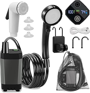 Portable Shower for Camping, Rechargeable Camping Shower Pump with LED Display & IPX8 Waterproof - High Pressure Electric Outdoor Shower for Hiking, Car Wash, Pet Bath, RV, Boat