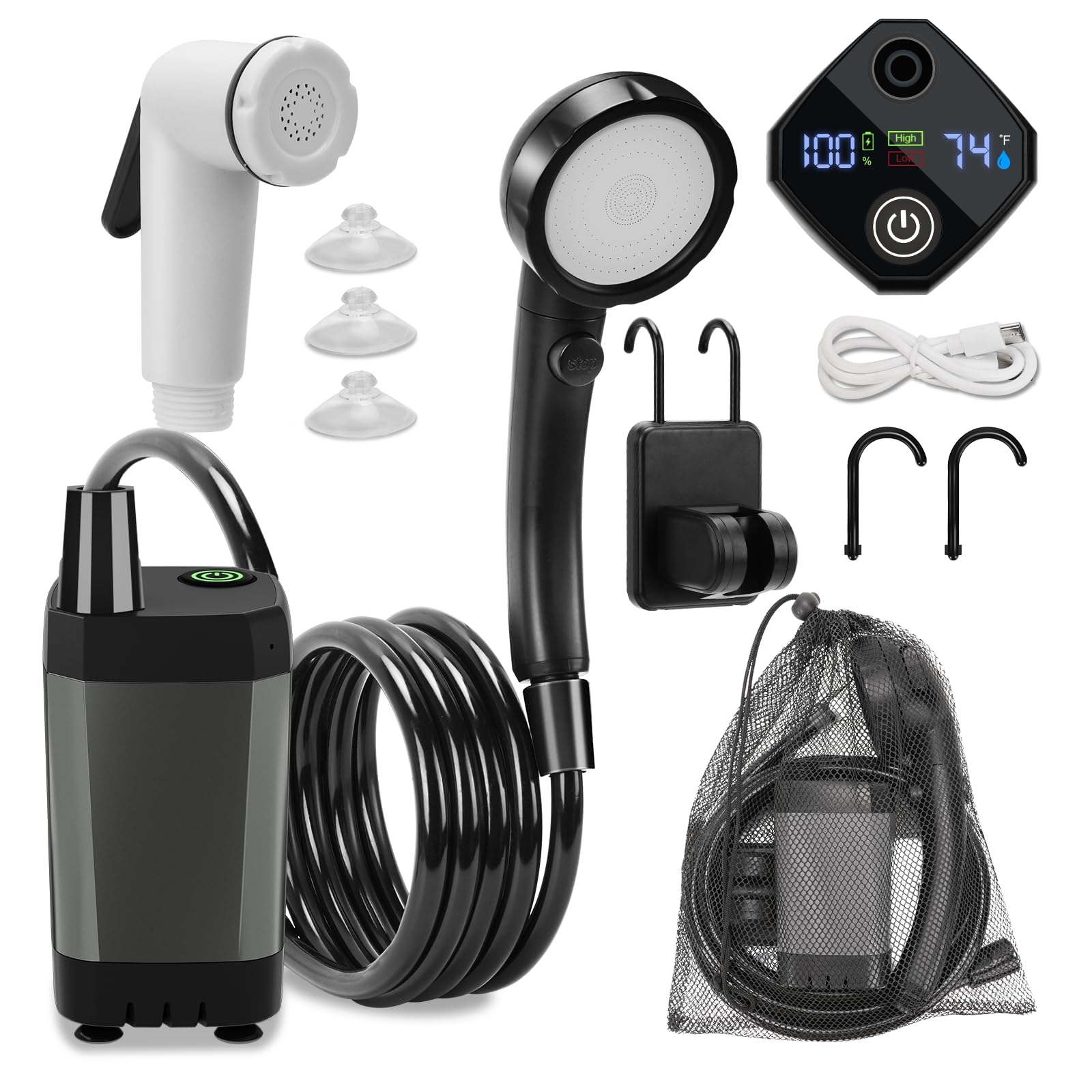 NOVCAPAR Portable Shower for Camping, Rechargeable Camping Shower Pump with LED Display & IPX8 Waterproof - High Pressure Electric Outdoor Shower for