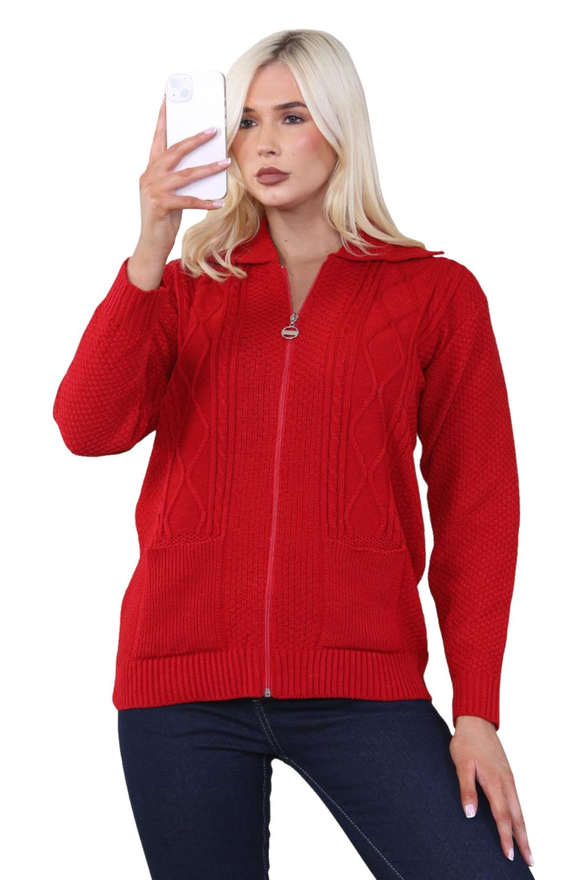 Wickedfashions123 Women's Red ’S Cable Knitted Colla Sweater Front Pocketed Cardigan Long Sleeves Winter Wear Zipper Cardigan Classy Knitwear Plus Size Sweater /Uk 16-18
