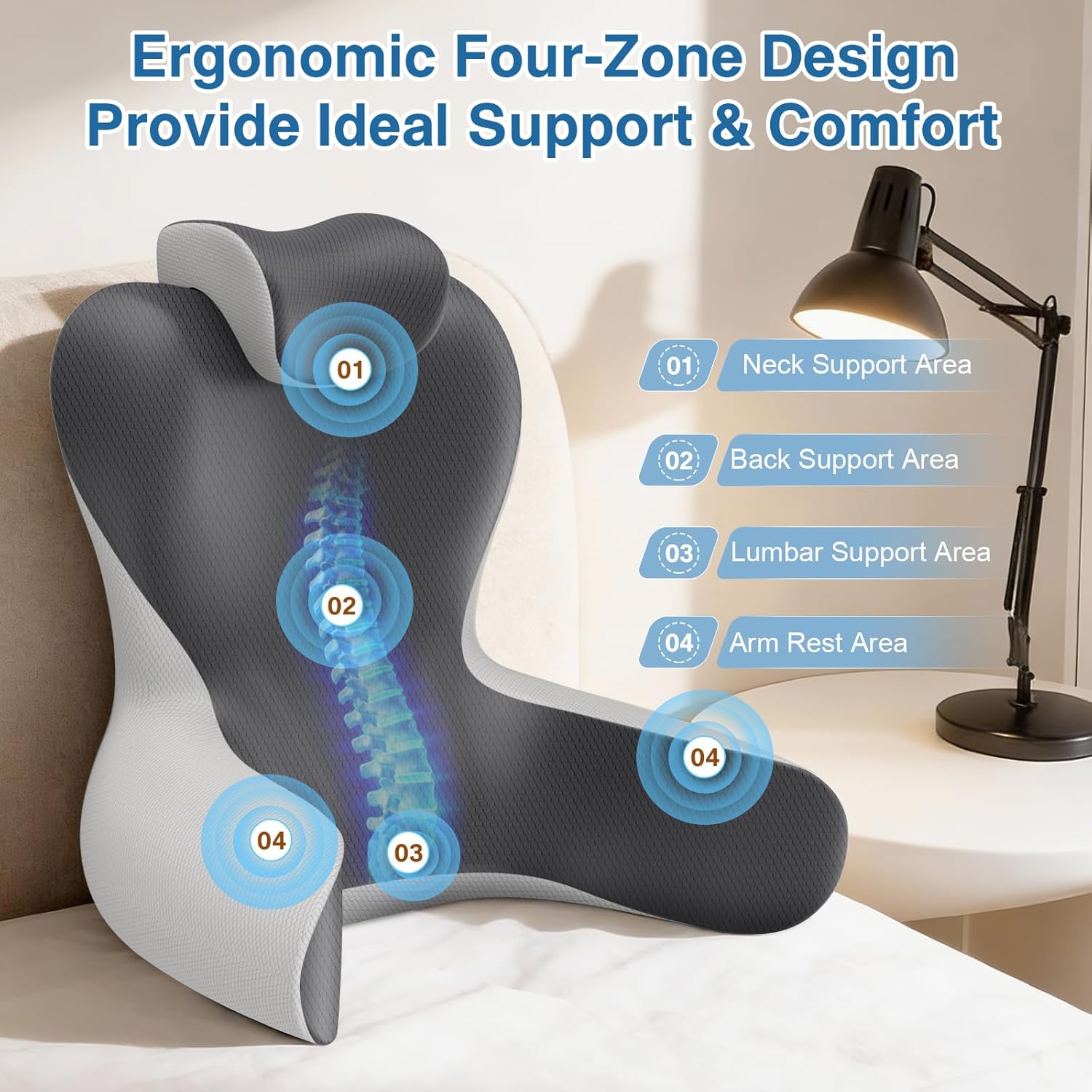 Reading Pillow for Sitting in Bed, 22”H Bed Rest Pillows with Arms, Back Pillows for Sitting Up, Ergonomic Lumbar Support Cushion for Reclining, Gaming, Work, Resting, Watching TV, (Grey&Darkgrey)