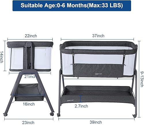 Miniatura 7 de ANGELBLISS Cuna para bebé con moisés, cuna de cama con cesta de almacenamiento y ruedas, fácil de plegar, cuna portátil con altura ajustable para