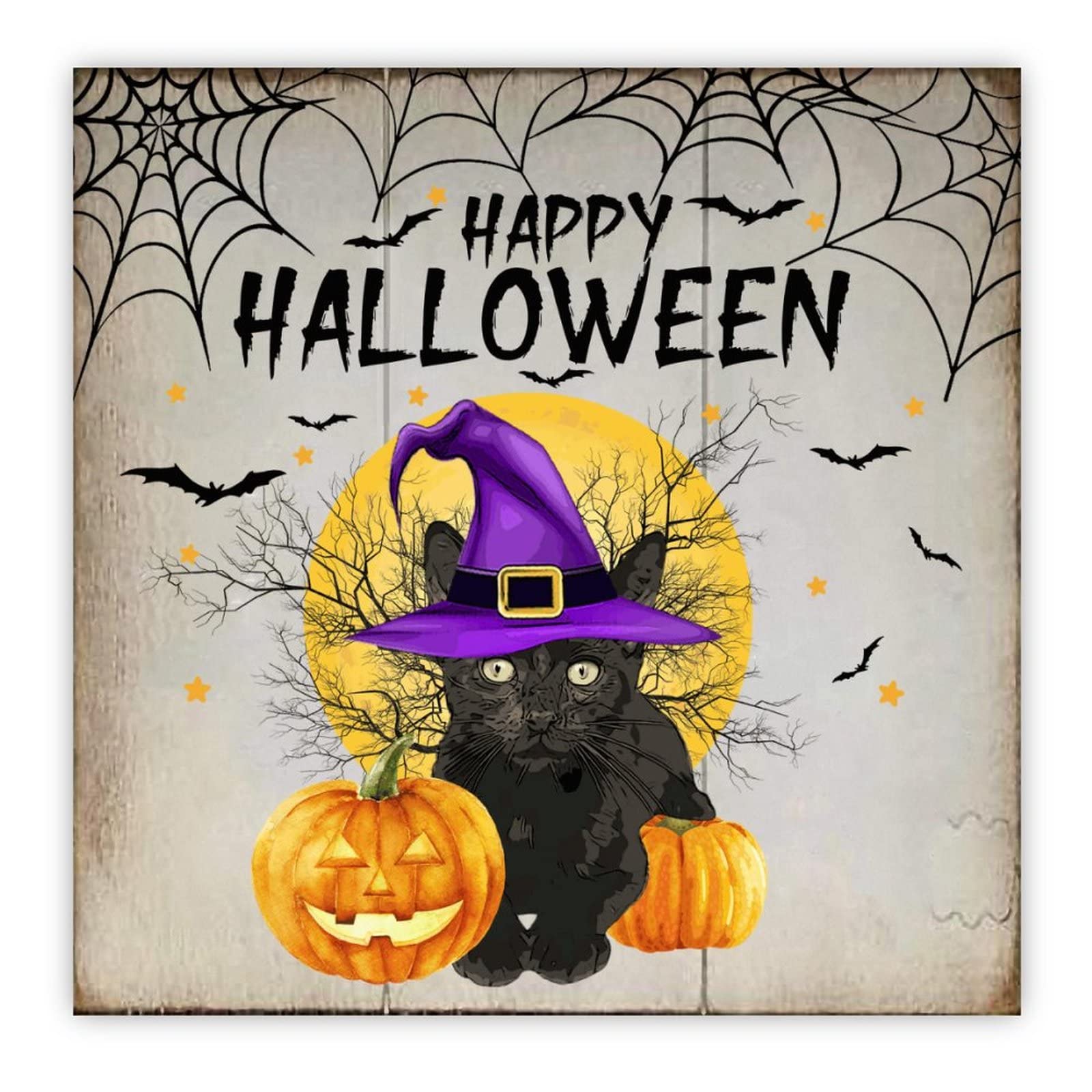 Panneau Halloween en bois 30cm avec citrouille et chat déco suspendre