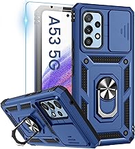 Goton Compatible with Samsung Galaxy A53 5G Case with Camera Cover & Kickstand Ring with Tempered Glass Screen Protector, Military Grade Shockproof Protective Bumper Cover Blue