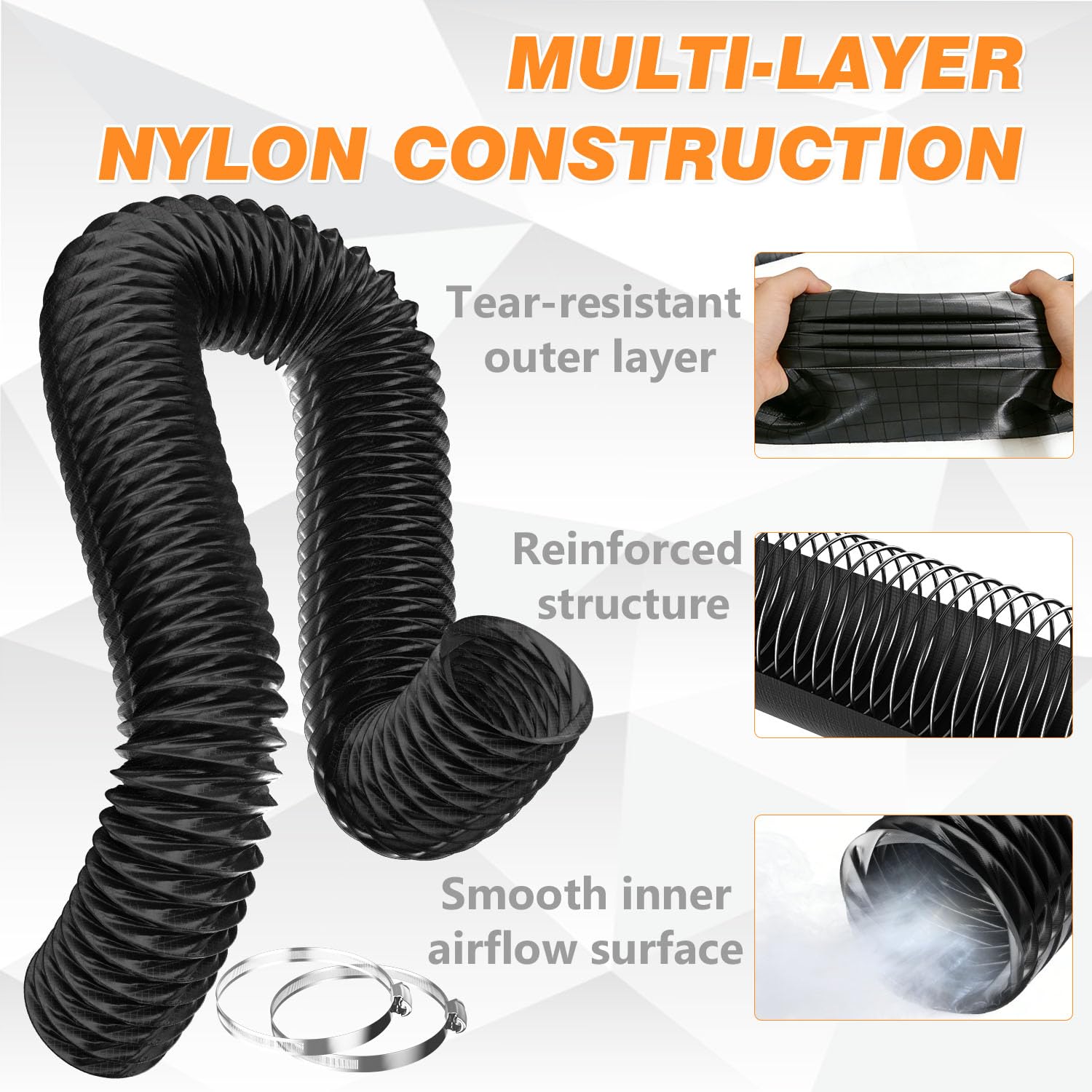 Gaine d’Aération Ø75 mm 5 m Noir – Tuyau Flexible Renforcé en Nylon, Insonorisé & Isolé, Haute Résistance 120°C pour Ventilation, Sèche-linge, Cuisine - 4