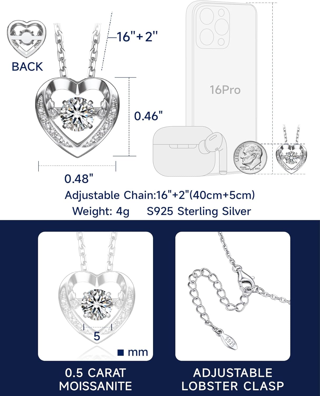 MomentWish Dancing Heart Necklace for Women, 0.5/1 Carat Dancing Moissanite Necklace for Her 925 Sterling Silver Pendant Anniversary Birthday Christmas Gift for Wife Mom Girlfriend - Image 7