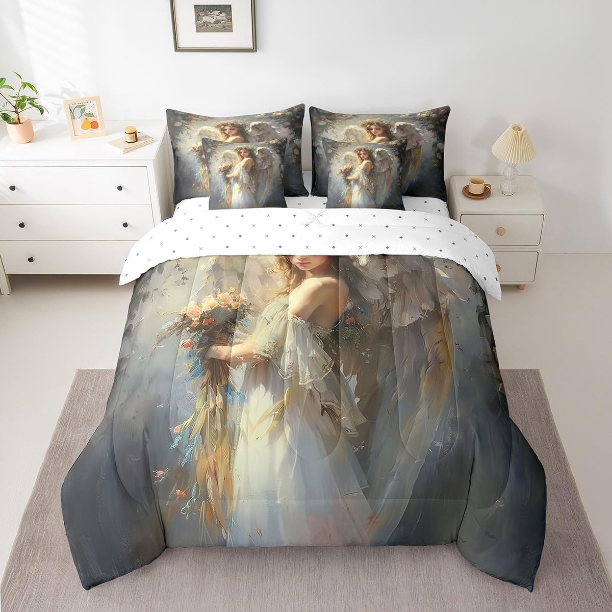 Erosebridal Angel Comforter Sets with Sheets, Romance Flowers Bedding Set Queen for Boys Girls Angel Wings 7Pcs Bed in A Bag Romantic 3D Printed Bed Set
