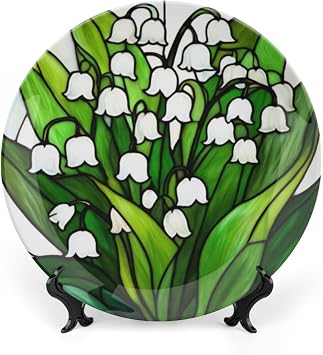 Lily of The Valley Theme Decorative Ceramic Plate Round Porcelain Plate,7 inch,Floral Stained Glass Pattern,for Decorative Ornaments Giving Plates,1 Plate with 1 Display Stand,White Green